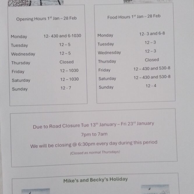 Winter Opening Hours Jan-Feb 2026